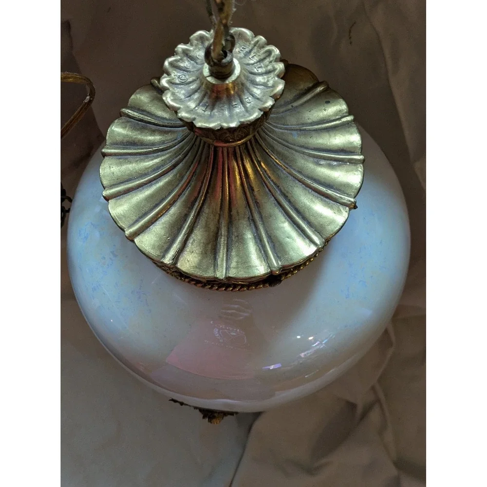 Cornell Hollywood Regency Gold Decorated Milk Glass Hanging Hanging Swag Lamp